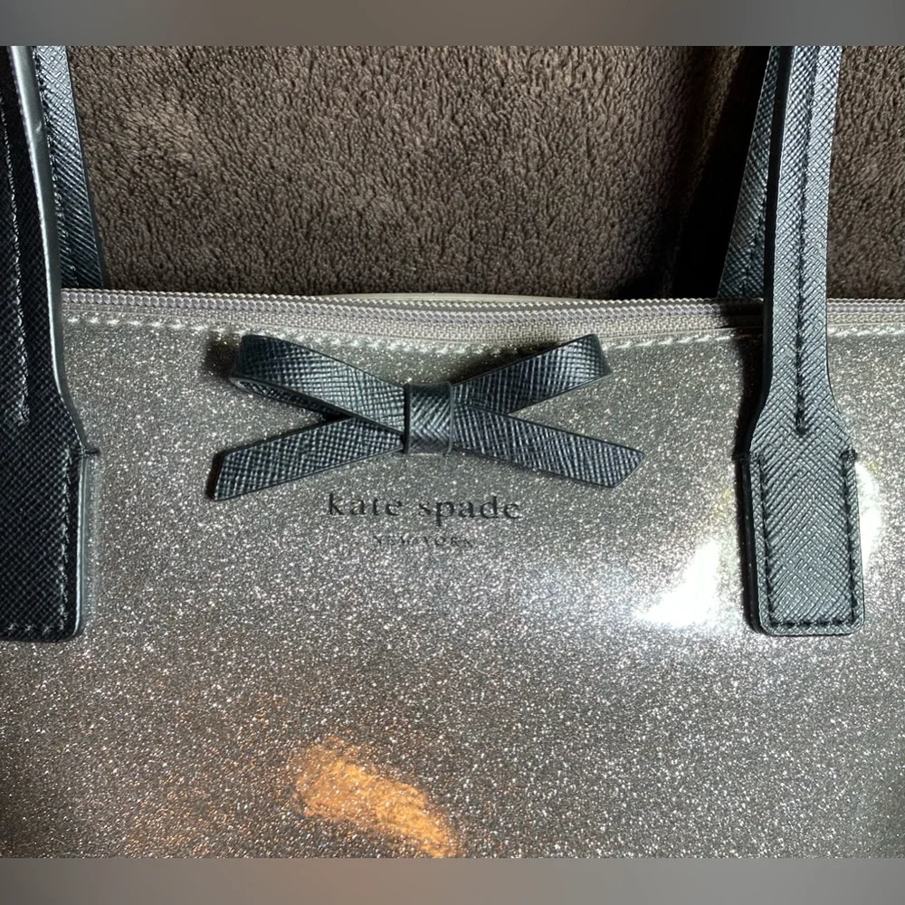 Kate Spade NY Silver Glitter with Matte Black Bow & Handles MINT Condition